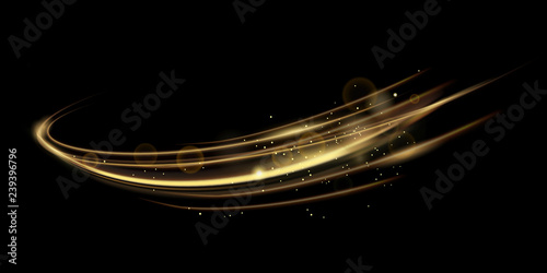 Vector illustration of golden dynamick lights linze effect isolated on black color background. Abstract background for science, futuristic, energy technology concept. Digital image lines with light photo