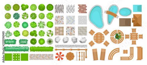 Plakat Ilustracja wektorowa zestaw elementów parku do projektowania krajobrazu. Widok z góry na drzewa, meble ogrodowe, rośliny i elementy architektoniczne, ogrodzenia, leżaki, parasole na białym tle