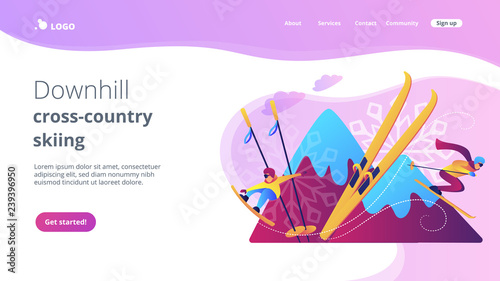 Skier and snowboarder sliding downhill in mountains. Winter extreme sports, downhill cross-country skiing, snowboarding freeride concept. Website vibrant violet landing web page template.