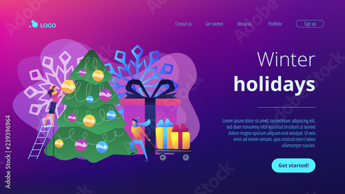 Happy business people decorating Christmas tree and preparing gift boxes. Winter holidays, New year celebration, Christmas activities plan concept. Website vibrant violet landing web page template.