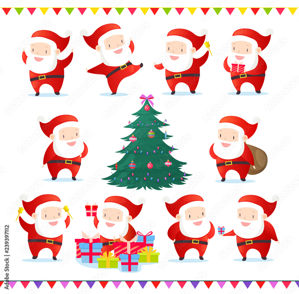 Vector illustration set of cute and funny Santas in different poses. Collection of Santa Claus and Christmas tree with decorations. Happy New Year. Merry Christmas set in cartoon flat style. Vector illustration set of cute and funny Santas in different poses. Collection of Santa Claus and Christmas tree with decorations. Happy New Year. Merry Christmas set in cartoon flat style.
