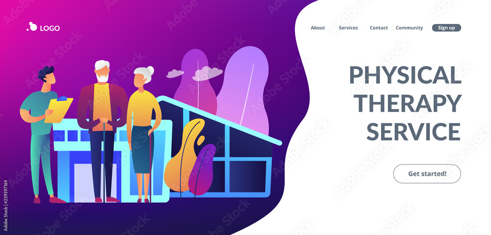 Skilled nurse and elderly people getting around-the-clock nursing care. Nursing home, nursing residential care, physical therapy service concept. Website vibrant violet landing web page template. - obrazy, fototapety, plakaty 