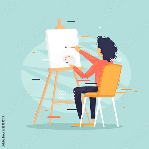 Girl draws. Art. Flat vector illustration in cartoon style.	