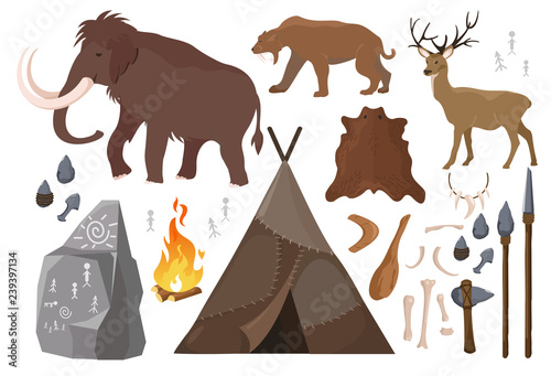 Vector illustration of set of elements of stone age people life. Primitive man lifestyle, anicent animals. Ice age. primitive Collection of weapon. Mammoth, saber-toothed tiger and deer, tent made photo