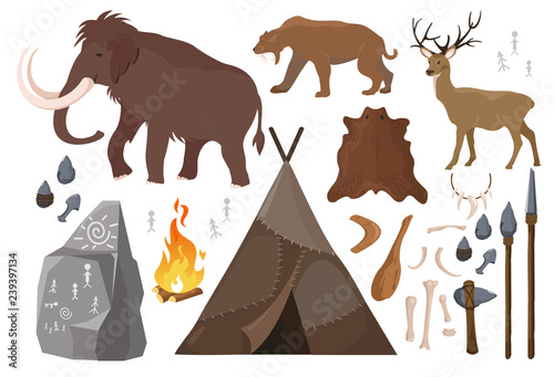 Vector illustration of set of elements of stone age people life. Primitive man lifestyle, anicent animals. Ice age. primitive Collection of weapon. Mammoth, saber-toothed tiger and deer, tent made