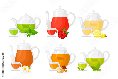 Vector illustration set of different types of tea. Set of pots and cups with different ingredients herbs and lemon, fruits and ginger isolated on white background in flat style.
