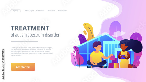 Children play in center giving information about treatment of ASD. Autism center, treatment of autism spectrum disorder, kids autism help concept. Website vibrant violet landing web page template.