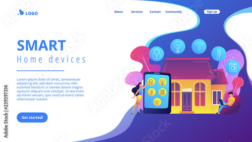 Business people controlling smart house devices with tablet and laptop. Smart home devices, home automation system, domotics market concept. Website vibrant violet landing web page template.