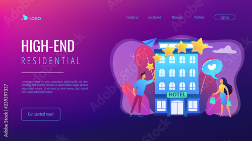 Business people with rating stars like the stylish boutique hotel. Boutique hotel, ultra-personalized service, high-end residential concept. Website vibrant violet landing web page template.