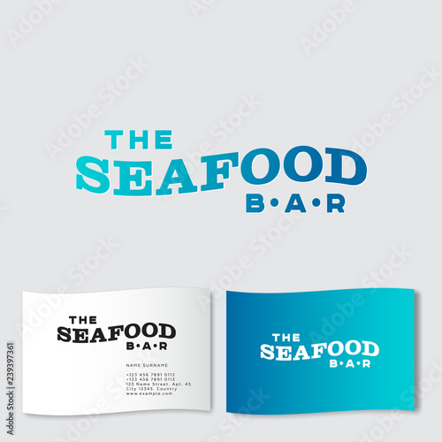 Seafood bar  or restaurant logo. Blue gradient letters like wave. Retro style. Business card.