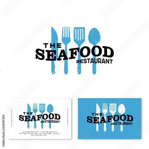 Seafood restaurant logo. Blue utensils and letters like wave. Shabby style.