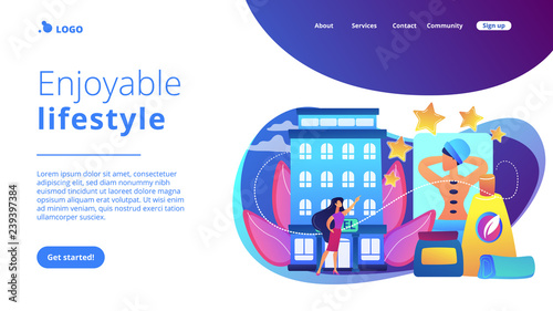 Business woman giving rating stars to hotel with spa and bodywork. Wellness and spa hotel, enjoyable lifestyle, massage and bodywork service concept. Website vibrant violet landing web page template.