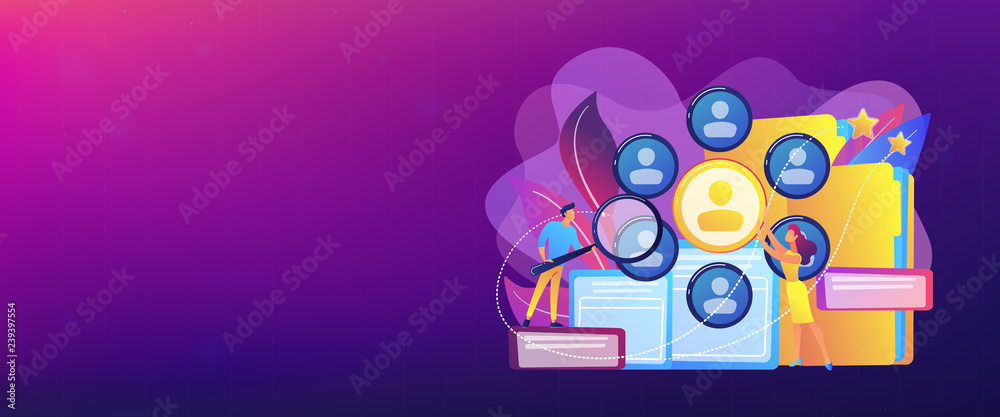 Human resourses managers doing professional staff research with magnifier. Human resources, HR team work and headhunter service concept. Header or footer banner template with copy space. Human resourses managers doing professional staff research with magnifier. Human resources, HR team work and headhunter service concept. Header or footer banner template with copy space.