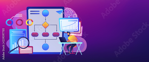 Analyst working at laptop with automation process. Business process automation, business process workflow, automated business system concept. Header or footer banner template with copy space.