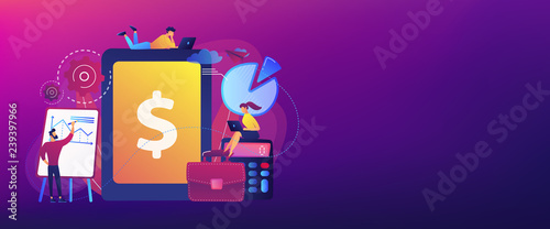 Accountants work with financial transactions software and tablet. Enterprise accounting, IT accounting system, smart enterprise tools concept. Header or footer banner template with copy space.