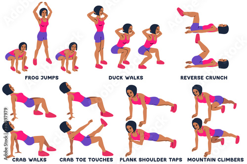 Frog jumps. Duck walks. Reverse crunch. Crab walks. Crab toe touches. Plank shoulder taps. Mountain climbers. Sport exersice. Silhouettes of woman doing exercise. Workout, training.