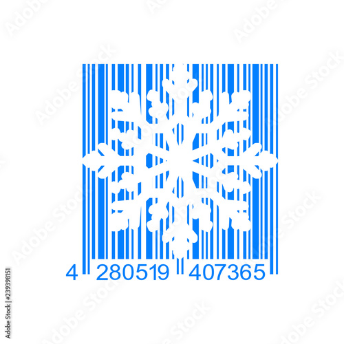 Icono plano código de barras copo de nieve espacio negativo en color azul