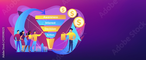 Sales funnel stages, potencial customers, buyer with purchase. Sales funnel management, customer journey representation, sales funnel stages concept. Header or footer banner template with copy space.