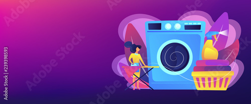 Laundry service worker ironing, washing machine. Dry cleaning and laundering, laundry facilities industry, cleaning and restoration services concept. Header or footer banner template with copy space.