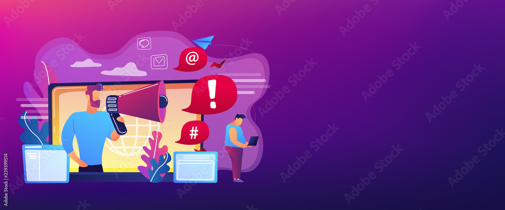 Target individual with laptop attacked online by user with megaphone. Internet shaming, online harassment, cyber crime action concept. Header or footer banner template with copy space.