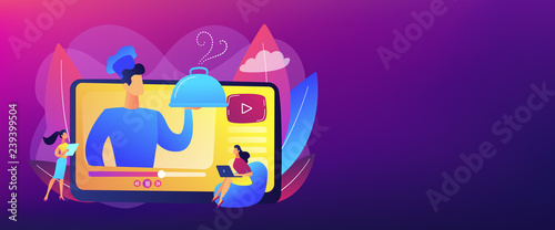 Professional chef holding dish on video and users watching food blog with recipes. Food blogging, food hunter review, foodie blog concept. Header or footer banner template with copy space.