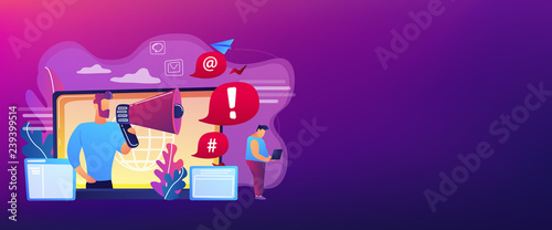 Target individual with laptop attacked online by user with megaphone. Internet shaming, online harassment, cyber crime action concept. Header or footer banner template with copy space.