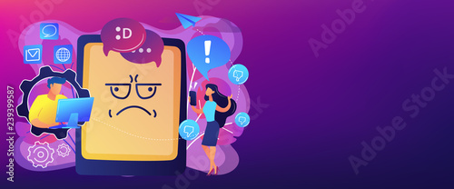 Internet troll quarreling and upsetting user online and tablet with troll face. Internet trolling, digital harassment, internet behaviour concept. Header or footer banner template with copy space.