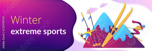 Skier and snowboarder sliding downhill in mountains. Winter extreme sports, downhill cross-country skiing, snowboarding freeride concept. Header or footer banner template with copy space.