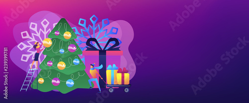 Happy business people decorating Christmas tree and preparing gift boxes. Winter holidays, New year celebration, Christmas activities plan concept. Header or footer banner template with copy space.