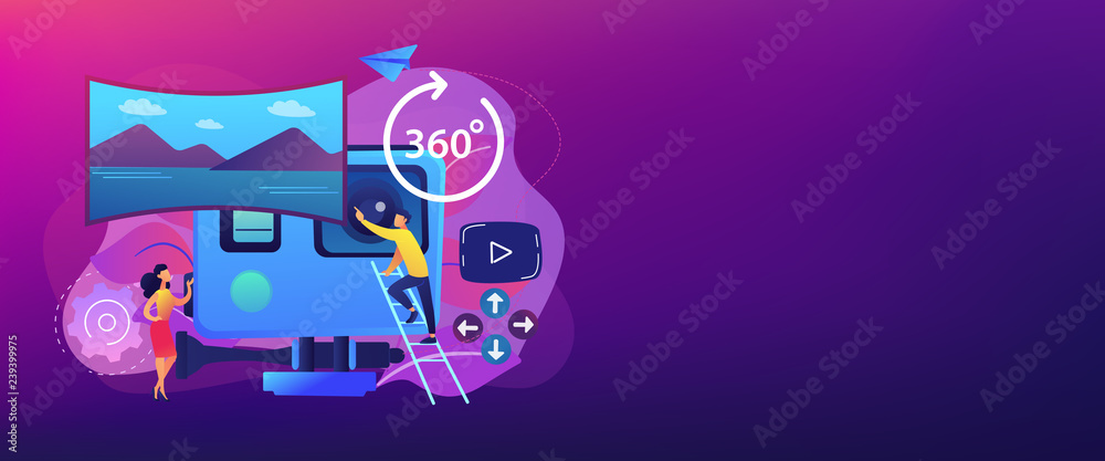 Business people on virtual reality tour 360 watching beautiful landscape and a camera. Virtual tour, 3d reality tours, virtual reality walk concept. Header or footer banner template with copy space. Business people on virtual reality tour 360 watching beautiful landscape and a camera. Virtual tour, 3d reality tours, virtual reality walk concept. Header or footer banner template with copy space.