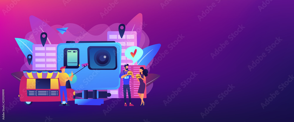 Tourists eat and like local cuisine, taking selfies and action camera. Culinary tourism, authentic food experience, food exploring tourism concept. Header or footer banner template with copy space.