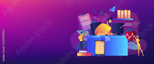 Businessman working at smart desk controlling his heart rate and position change. IOT office desk, health tracking, working activity place concept. Header or footer banner template with copy space.