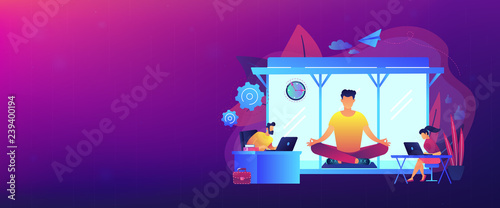 Business people working at laptops in office with meditation and relax area. Office meditation room, meditation pod, office relaxing place concept. Header or footer banner template with copy space.