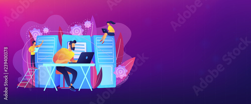 System administrators or sysadmins are servicing server racks. System administration, upkeeping, configuration of computer systems and networks concept. Violet color. Header or footer banner template.
