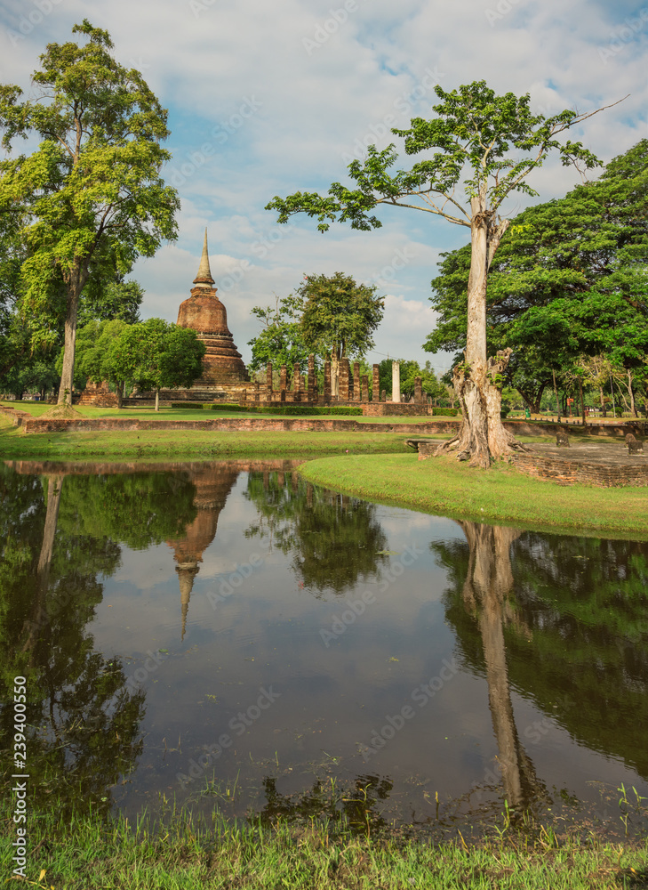 Territory and lake of park with ruin complex. Thailand, Sukhothai