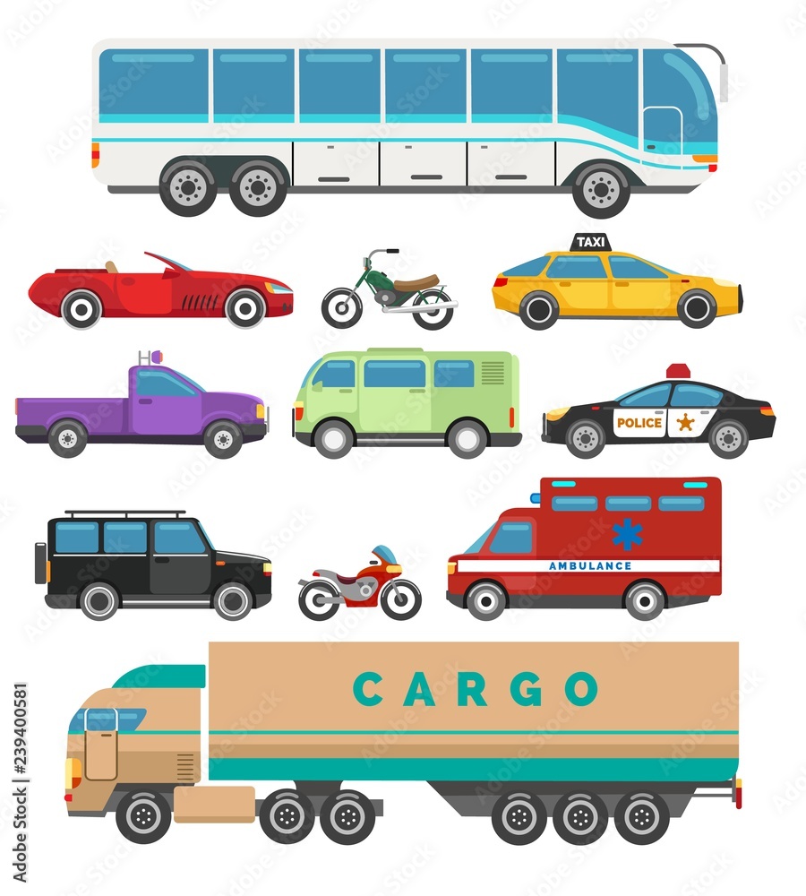 Urban vehicle set. Set of city cars, vector illustration of transport with taxi and police, bus and motorcycleurban flat Urban vehicle set. Set of city cars, vector illustration of transport with taxi and police, bus and motorcycleurban flat