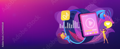 Users listening and huge smartwatch with player icon. Smartwatch player, smartwatch media and portable media player concept on white background. Header or footer banner template with copy space.