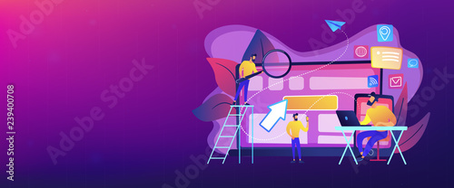 IT specialist identify user across mobile, laptop and tablet. Cross-device tracking and capability, cross-device using concept on white background. Header or footer banner template with copy space.