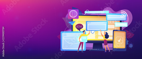 Programmers with browser windows and pc and tablet. Cross-browser compatibility, cross-browser and browser compatible concept on white background. Header or footer banner template with copy space. photo
