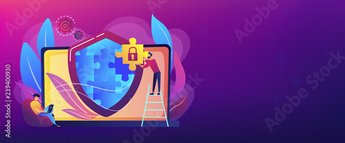 Programmer with jigsaw shield system monitoring network traffic. Firewall, network security system and network firewall concept on white background. Header or footer banner template with copy space.