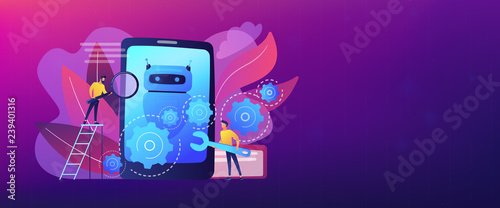 Developers with wrench work on chatbot application development. Chatbot app development, bot development framework, chatbot programming concept. Header or footer banner template with copy space.