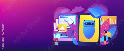 Programmers with charts make chatbot learn data from past results. Chatbot self learning, virtual assistants learning, AI machine learning concept. Header or footer banner template with copy space.