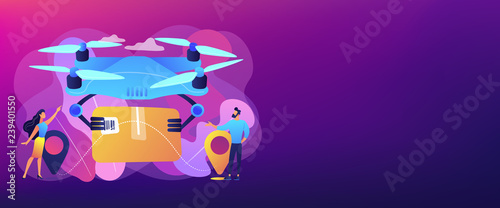 Drone transporting package to location pins with business people waiting for it. Drone delivery, commercial drone, drones business trend concept. Header or footer banner template with copy space.