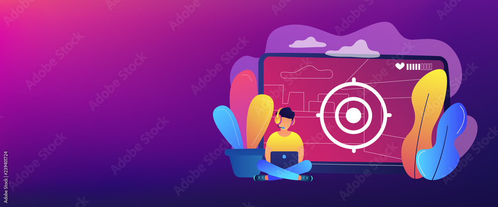 Obraz premium Gamer in headset with laptop recording video game walkthrough. Video game walkthrough, popular video content, gaming video stream concept. Header or footer banner template with copy space.