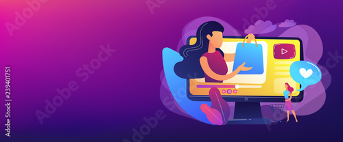 Business woman enjoys video with buyer on shopping sprees. Shopping sprees video, haul video content, beauty fashion lifestyle channel concept. Header or footer banner template with copy space.