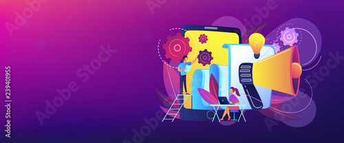 Tablet with loudspeaker and team working on white paper. ICO investment document, startup business strategy, product development plan concept, violet palette. Header or footer banner.