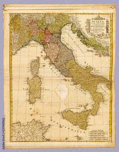 Antique Map of Italy by Homann, Johann Baptist, (Cartographer). Carefully restored reproduction of 1790 atlas map shows geographic details on Italian peninsula in the century before unification.