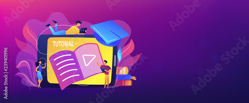 Students watching video tutorial on tablet with player sign. Online education, web educational video, online courses and training, e-learning concept, violet palette. Header or footer banner.