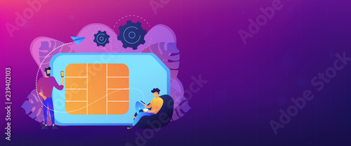 Mobile sim phone card and users with smartphones. Mobile phone network, smartphone plastic card and microchip, wireless cellphone communication concept, violet palette. Header, footer banner template.