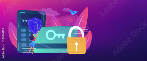 Access control card with key and lock and woman with protection shield. Electronic opening system, security system, automatic access card concept, violet palette. Header or footer banner template.